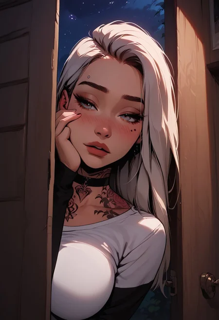 Score_9, Score8_up, Score_7_up, (((High Resolution, Best Quality))), 
1girl, solo, toned arms, Covered in Tattoos, neck tattoos, 
white shirt, long black sleeves, tight shirt, large breasts, choker, 
seducing, seductive, flirty, tender, loving, playful, shy body language, sneaking in, looking down, trying to hide face with hand, hand on face, (peeking out, hiding behind doorway),
inside, bedroom, at night, night, 
cowboy shot,