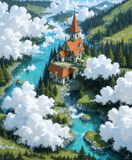 masterpiece, best quality, amazing quality, very aesthetic, perfect eyes, Sinozick_illu, crestyle, Sinozick_illu, gr4ph1t3,
,outdoors, sky, day, cloud, signature, water, tree, blue_sky, no_humans, cloudy_sky, grass, nature, scenery, forest, house, river, towerA stunning digital painting of a small, quaint church with a red-tiled roof nestled in a lush, green forest. The church has a pointed spire and a small entrance. The surrounding area is filled with tall, fluffy white clouds, and a bright blue river flows through the center. The sky is a clear, bright blue, with a few wispy clouds scattered across it. The painting has a soft, painterly style with vibrant colors and intricate details.