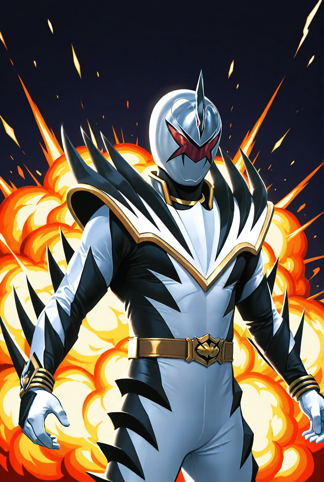 score_9,score_8_up,score_7_up,male focus,ultra-detailed,high resolution,digital painting,8k,1boy,solo,cowboy shot,male focus,detailed face,white bodysuit,helmet,belt,bodysuit,armor,tokusatsu,gloves,mask,super d1n0 white,horns,looking at viewer,explosion,<lora:add-detail-xl:1>,<lora:Dino Ranger White:0.7>,<lora:LYDart StyleIlluLYCO:0.2>,ydart,