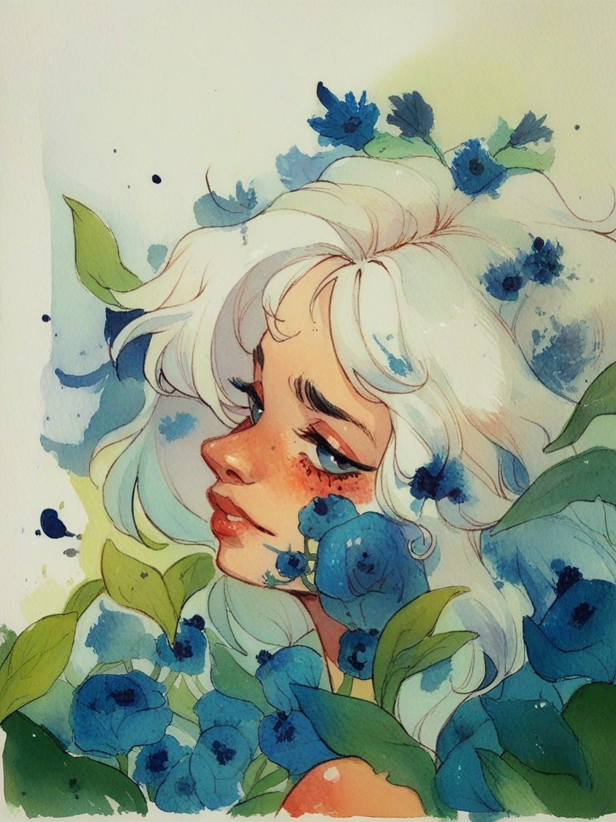 score_9, score_8_up, score_7_up, score_6_up, <lora:blu31nk:0.7> blu31nk, solo, 1girl, white hair, traditional media, watercolor, white background, white and blue, blue vines and floral,