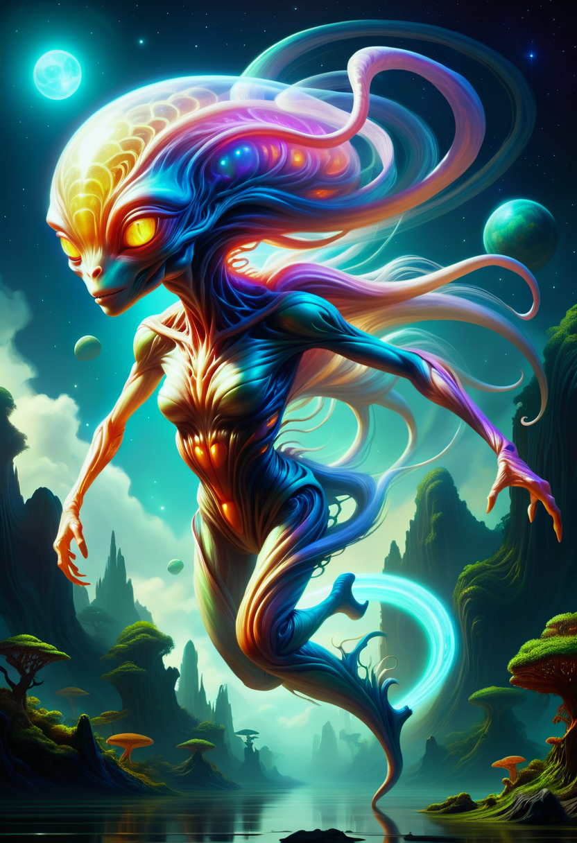 floating female extraterrestrial creature- diverse life forms with imaginative appearances, ranging from elegant to monstrous,  <lora:DonM3l3m3nt4lXL-000010:0.65>