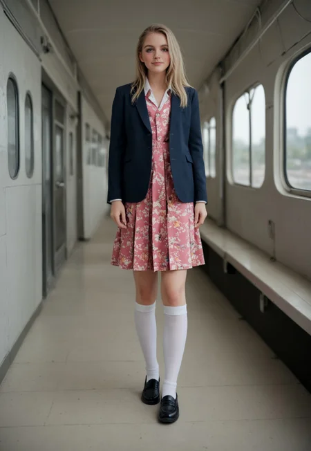 score_9, score_8_up, score_7_up, score_6_up, realistic, 1girl, 37 years old, cute, innocent, thin, tall, (cute face), slim body, petite body, skinny, round face, stunning professional portrait photo, (full-body view), frontal view, (cute face), blonde hair, braid, pale skin, light freckles, perfect beautiful eyes, catchlights, no makeup, delicate features, blushing, emotive, happy expression, low angle point of view, highly detailed, (detailed realistic photography), masterpiece, finely detailed skin, emotional, professional color grading, ruanyi0911, ruins, indoors, standing behind table, map on table, complex shadows and light, standing in an empty train station, school uniform, floral print shirt, navy blazer, (khaki skirt), white stockings, shoes