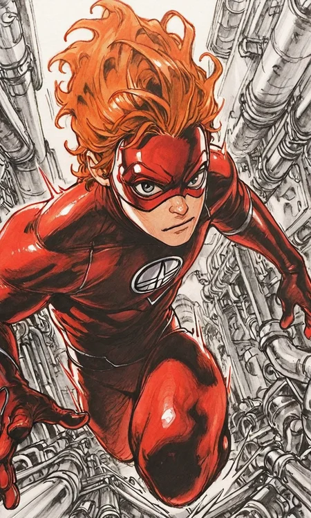 kimjunggistyle, dynamic perspective, detailed ink drawing, solo, blonde hair, 1boy, male focus, mask, bodysuit, traditional media, motion lines, superhero, red bodysuit, domino mask, industrial pipe, orange hair, hatching (texture), masterpiece, best quality, amazing quality
