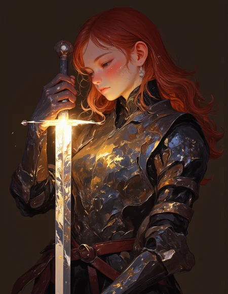 oil painting, ultra high quality, very detailed, a petite teen elf female paladin holding a sword with shimmering glowing glass blade, pointed elf ears, long red hair, wearing 1500s full plate mail armor, holy knight, God glow, by Albert Lynch, Abbott Handerson Thayer, bio ink on the sword blade, close up, dirty used and scratched gear, ArsMJStyle, dnddarkestfantasy, ultra detailed, romantic, Rembrandt lighting, bio ink, brush strokes, DB4RZ style painting <lora:FLUX-daubrez-DB4RZ-v2:1> <lora:- Flux1 - vanta_black_V2.0:.6> <lora:BioInk2FLUX:.8> <lora:Delicate_Balance:1>