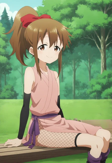 score_9, score_8_up, score_7_up, score_6_up, score_5_up, score_4_up , anime coloring ,BREAK source_anime, anime,screencap,
1girl, solo, kunohinagiku, arm warmers, pink kimono, red hair bow, sash, fishnet pantyhose, toeless legwear, sleeveless kimono, <lora:PonyXL Hinagiku V2:1>
outdoors, park, forest, bench, sitting on bench,
smile, looking at viewer,