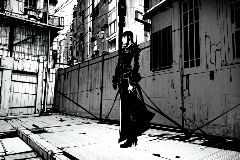 highly insanely detailed, masterpiece, top quality, best quality, highres, 4k, 8k, RAW photo, (very aesthetic, beautiful and aesthetic),  
tsutomu nihei,nihei_tsutomu,blame!,blame gakuen!,abara,TNstyle,sidonia_no_kishi,concrete walls,metal walls,light particles,toha heavy industries,fence,buildings, 
<lora:ABARA:0.7>, 
(1girl:1.3), 
solo focus, 
art nouveau architecture,âââ