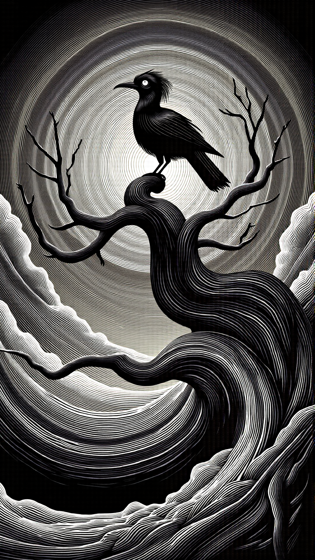 monochrome, lineart, dark, horror, a talking bird from "the golden bird" tale perched on a golden tree<lora:vorticaFlux:1>