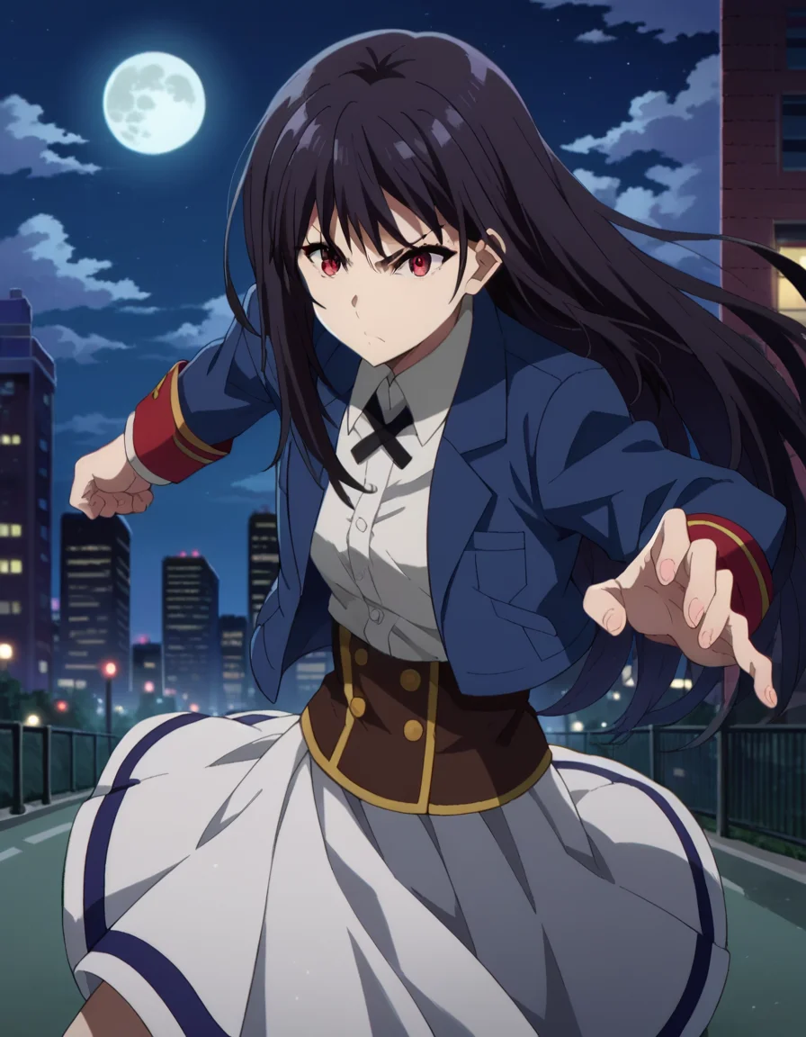 score_9, score_8_up, score_7_up, source_anime,
clairekagenou, <lora:claire-kagenou-ponyxl-lora-nochekaiser:1>,
claire kagenou, long hair, black hair, red eyes,
shirt, jacket, blazer, skirt, white skirt,
outdoors, cityscape, night, moon,
looking at viewer, dutch angle, dynamic pose, fighting stance,
