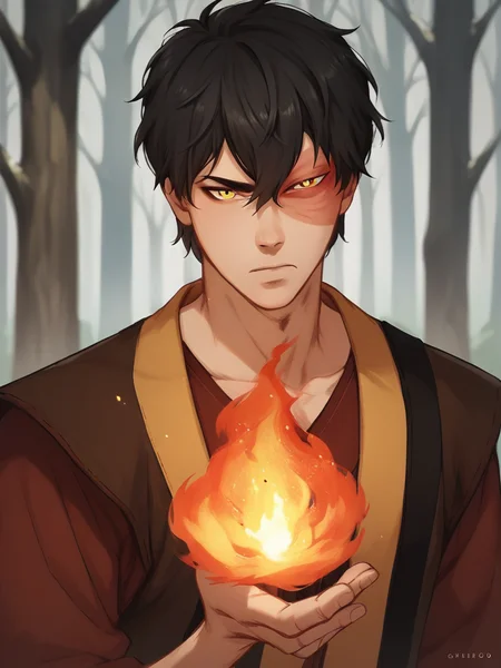 score_9, score_8_up, score_7_up, score_6_up, score_5_up, score_4_up, source_anime, portrait of Zuko man, black hair, yellow eyes, holding fire, forest background, <lora:Zuko-000002:1>