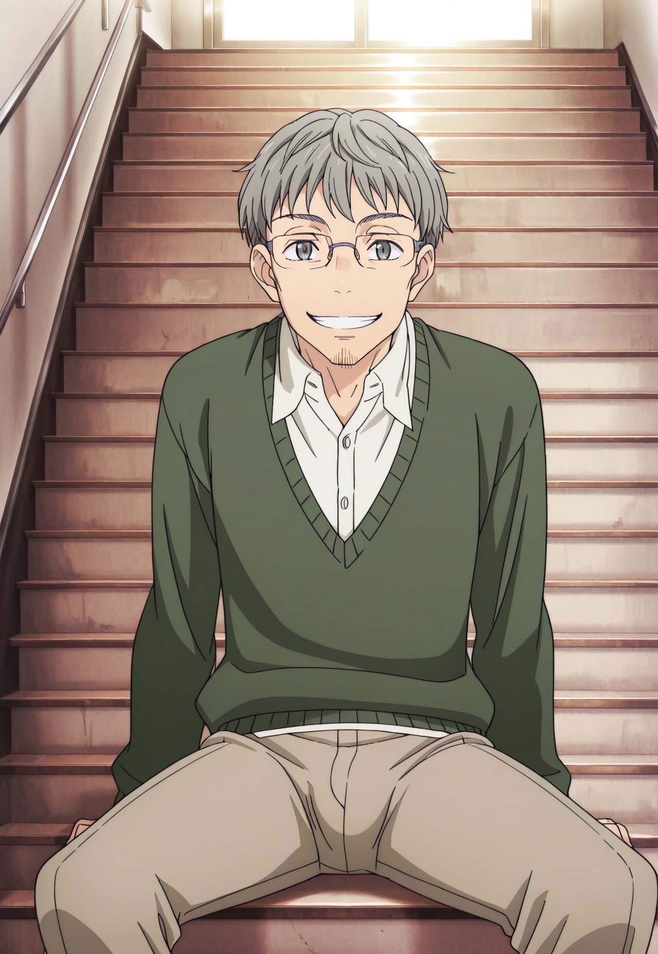 safe_pos, solo, masterpiece, detailed, uwa, huge filesize, ultra hd, best quality, (absurdres, highres), 1boy, official art, bright, male

3gatsuhayashida, grey hair, grey eyes, stubble, glasses, sweater, headshot, looking at viewer, smiling, sitting on stairs, bulge