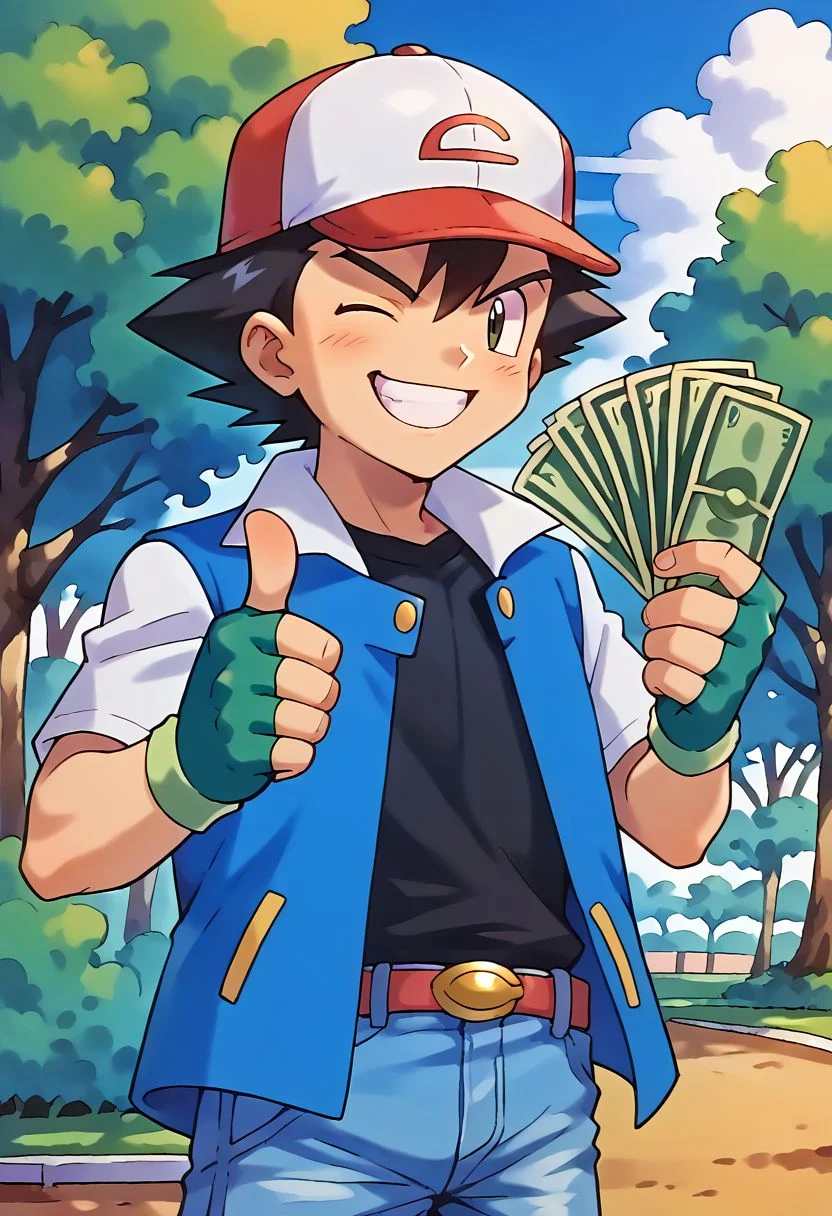 score_9, score_8_up, score_7_up, score_6_up, source_anime,
1boy, solo, ash_kanto, black hair, baseball cap, blue jacket, black shirt, fingerless gloves, denim pants, looking at viewer,
gangstersb, thumbs up, one eye closed, grin, holding poke ball, money, portrait, torso crop,
outdoors, park, grass, trees,
ken sugimori, watercolor,
masterpiece, highly detailed,