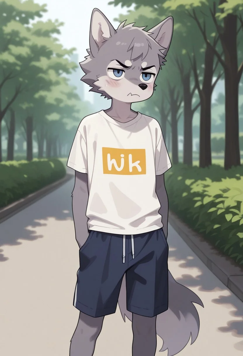 masterpiece,best quality,amazing quality, (male, antro: 1.4), cutesy-co
BREAK
( , young, slim, twink, ( cute, grumpy, ) :1.1)), (1boy, solo ,(male only) anthro, )
BREAK
(male: wolf, Grey fur )), shorts, shirt
BREAK
outdoors,