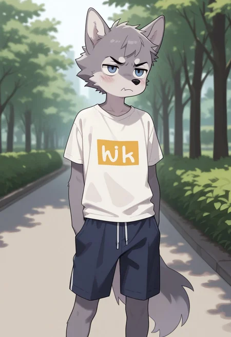 masterpiece,best quality,amazing quality, (male, antro: 1.4), cutesy-co
BREAK
( , young, slim, twink, ( cute, grumpy, ) :1.1)), (1boy, solo ,(male only) anthro, )
BREAK
(male: wolf, Grey fur )), shorts, shirt
BREAK
outdoors,