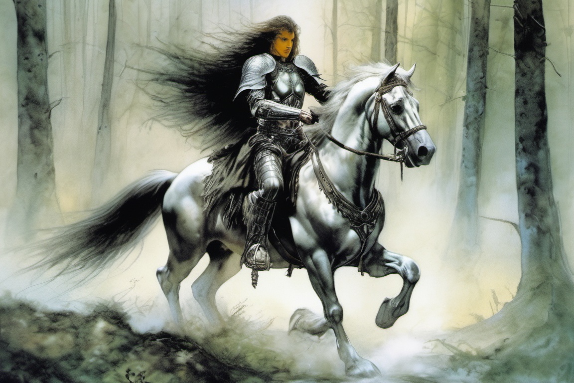 <lora:Fantasy_art_XL_V1:0.75> a man in silver armor riding a horse, forest pathway, art by luis royo