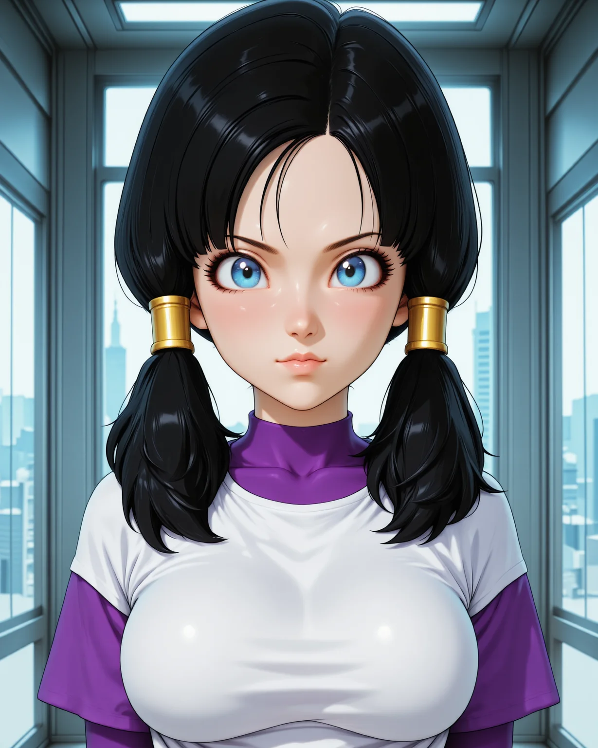 Photorealistic image of <lora:Dragon_Ball_Z_-_Videl-000020:1> dbz-videl she has black hair with piercing crystal blue eyes, the image shows her in full body view,
wearing her Videl wears a white oversized T-shirt with purple sleeves. Her hair is styled in twin pigtails tied with yellow bands, giving her a sporty and casual look