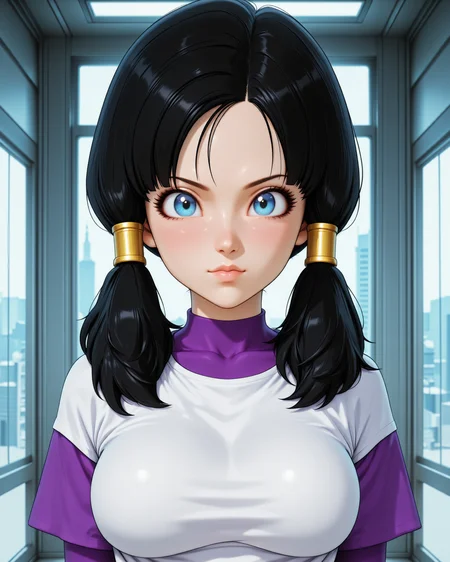 Photorealistic image of <lora:Dragon_Ball_Z_-_Videl-000020:1> dbz-videl she has black hair with piercing crystal blue eyes, the image shows her in full body view,
wearing her Videl wears a white oversized T-shirt with purple sleeves. Her hair is styled in twin pigtails tied with yellow bands, giving her a sporty and casual look