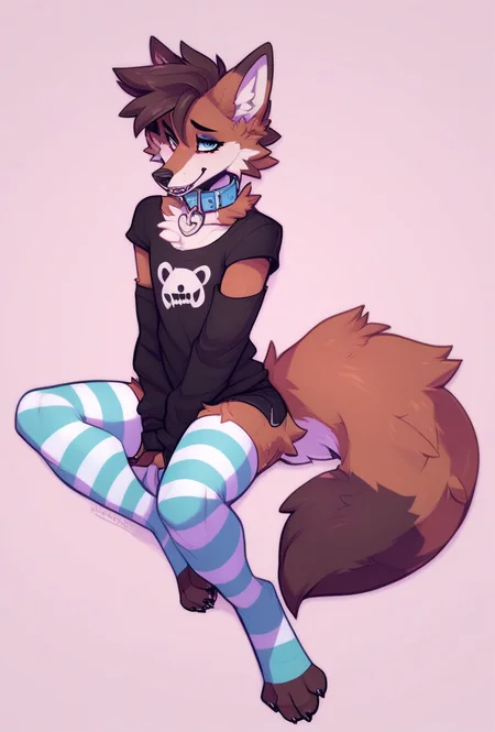 femboy, wolf, striped stockings, collar, full body, zPDXL <lora:Femboy-000003:1>