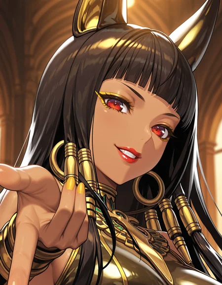 masterpiece, best quality, absurdres, cinematic lighting, 4k, DCCleopatra, red eyes, red lipstick, yellow eyeliner, animal ears, yellow nail polish, hair tubes, sleeveless, egyptian clothes, gold jewelry, gyaru v, portrait, smile, teeth, looking at viewer, indoor, <lora:Cleopatra:0.7>