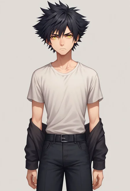 score_9, score_8_up, source_anime, highly detailed, 1boy, solo, male_focus,
vanitas, solo, 1boy, male focus, spiked hair, black hair, yellow eyes, shirt, pants, shoes, bored, frown, upper body,