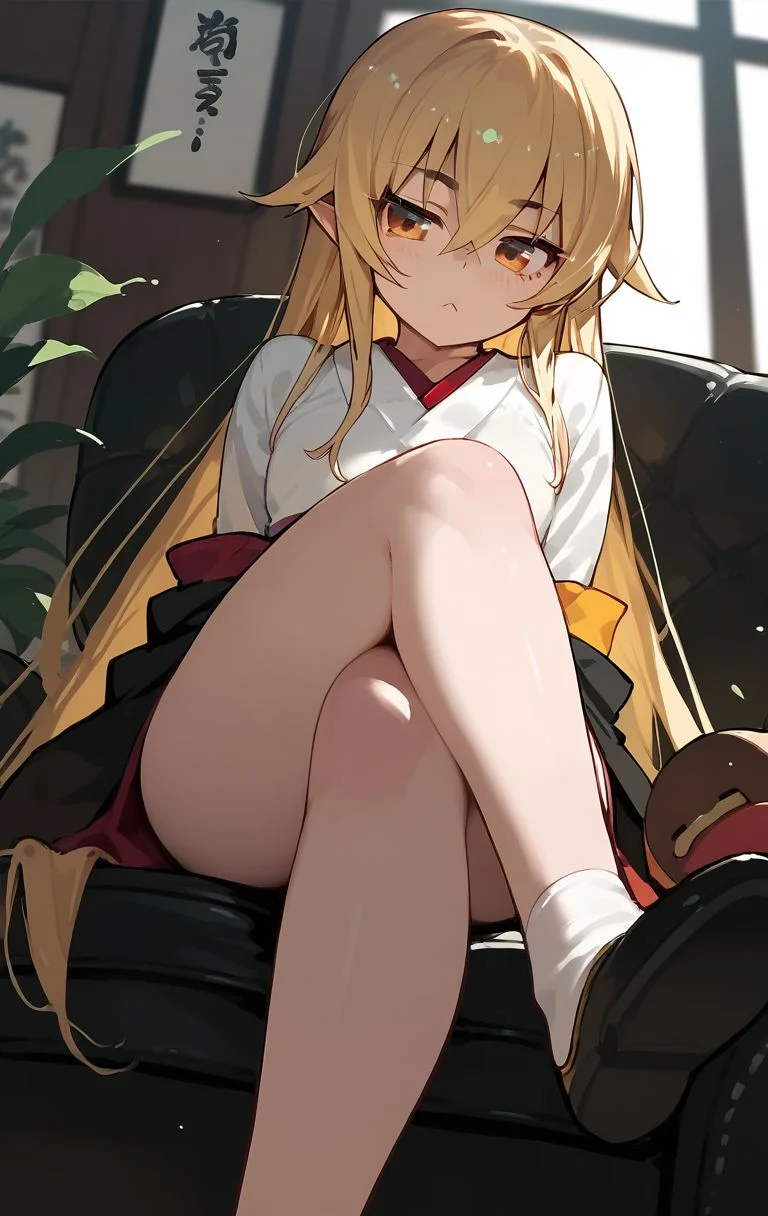 crossed legs, score_9, score_8_up, score_7_up, score_6_up, <lora:PONY_character_ashikaga_chachamaru:1>,ashikaga_chachamaru,blonde hair