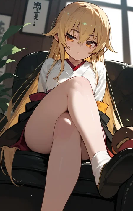 crossed legs, score_9, score_8_up, score_7_up, score_6_up, <lora:PONY_character_ashikaga_chachamaru:1>,ashikaga_chachamaru,blonde hair