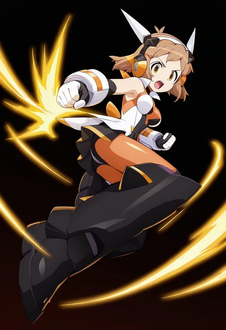 masterpiece, best quality, amazing quality, very aesthetic, absurdres, newest,shiny skin,, anime screenshot, anime coloring, <lora:TachibanaHibikiSeason1:1>short hair, 1girl, brown hair, solo, gungnirseason1, hair ornament, bodysuit, headphones, hairclip, headgear boots fighting stance, looking at viewer, simple background, black background, open mouth, powering up, clenched hands, looking at viewer, xdive,