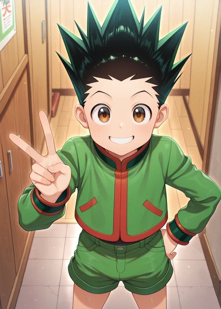 masterpiece, best quality, absurdres, amazing quality, 1boy, solo, <lora:IlluGon-000010:1> illugon, black hair, green hair, spiked hair, brown eyes, green shorts, green jacket, grin, looking at viewer, v, standing,