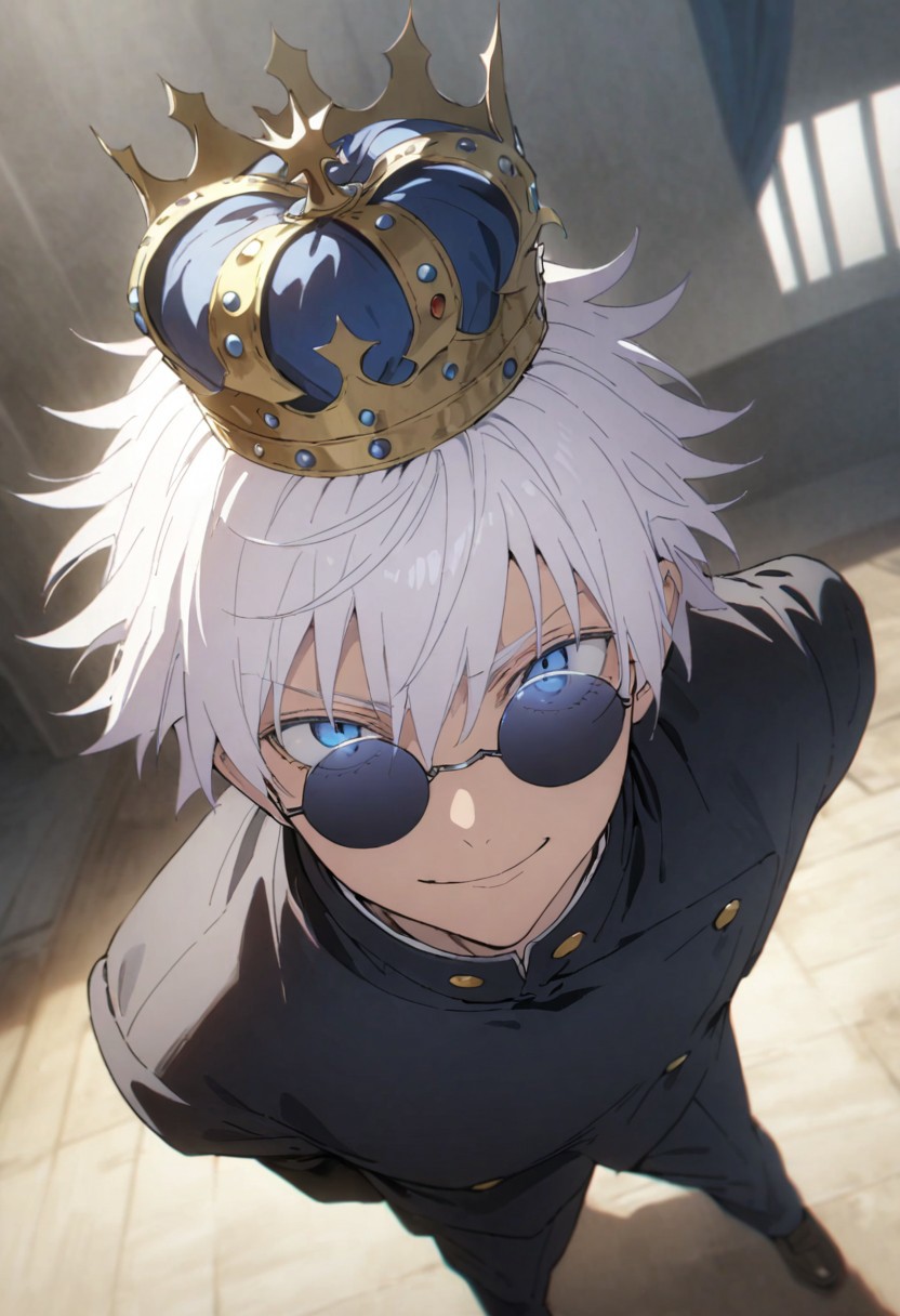 score_9, score_8_up, score_7_up, score_6_up, masterpiece, best quality, absurdres, cinematic, dynamic angle, perfect composition, solo, 1boy, gojou satoru, blue eyes, white hair, crown on head, round sunglasses, jacket, black jacket, gakuran, school uniform, high collar, smirk, standing, looking at viewer,