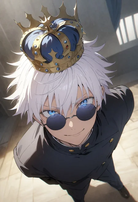 score_9, score_8_up, score_7_up, score_6_up, masterpiece, best quality, absurdres, cinematic, dynamic angle, perfect composition, solo, 1boy, gojou satoru, blue eyes, white hair, crown on head, round sunglasses, jacket, black jacket, gakuran, school uniform, high collar, smirk, standing, looking at viewer,