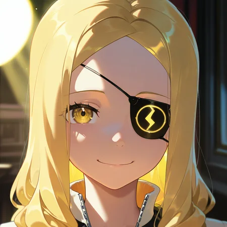masterpiece, best quality, amazing quality, very aesthetic, absurdres, newest, volumetric lighting,
souleaterstyle,,Marie,
1girl,solo,long hair,looking at viewer,smile,blonde hair,brown eyes,closed mouth,jacket,yellow eyes,eyepatch,portrait,
,masterpiece, best quality, amazing quality, very aesthetic, absurdres, newest, volumetric lighting,
, <lora:soul_eater_illustrious:0.8>,