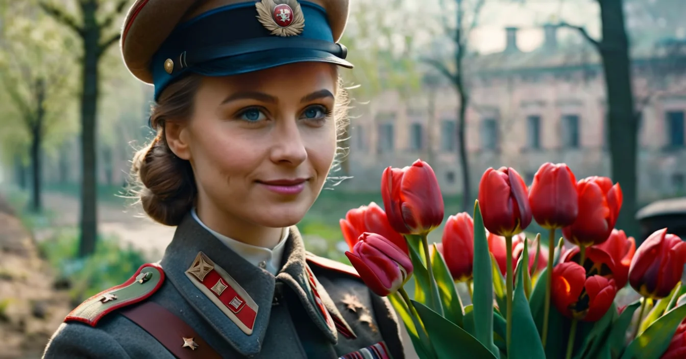 cinematic still portrait of beautiful Soviet Soldier girl holding big bouquet of tulips, subtle smile, WWII, Intricately Designed Soviet military uniform, NKVD, ultra-realistic body, soft lighting, foggy morning, spring blossom trees, city ruins, waist up, big blue eyes, freckles, 8K, cinematic lighting, god rays, watercolor style illustration, subtle halftones, spring morning atmosphere, high budget cinematic shot, war movie shot . emotional, harmonious, vignette, 4k epic detailed, shot on kodak, 35mm photo, sharp focus, high budget, cinemascope, moody, epic, gorgeous, film grain, grainy, Volumetric Lighting, portrait of beautiful Soviet Soldier girl holding big bouquet of tulips, subtle smile, WWII, Intricately Designed Soviet military uniform, NKVD, ultra-realistic body, soft lighting, foggy morning, spring blossom trees, city ruins, waist up, big blue eyes, freckles, 8K, cinematic lighting, god rays, watercolor style illustration, subtle halftones, spring morning atmosphere, high budget cinematic shot, war movie shot, light depth, dramatic atmospheric lighting, Volumetric Lighting, cinematic still portrait of beautiful Soviet Soldier girl holding big bouquet of tulips, subtle smile, WWII, Intricately Designed Soviet military uniform, NKVD, ultra-realistic body, soft lighting, foggy morning, spring blossom trees, city ruins, waist up, big blue eyes, freckles, 8K, cinematic lighting, god rays, watercolor style illustration, subtle halftones, spring morning atmosphere, high budget cinematic shot, war movie shot . emotional, harmonious, vignette, highly detailed, high budget, bokeh, cinemascope, moody, epic, gorgeous, film grain, grainy, portrait of beautiful Soviet Soldier girl holding big bouquet of tulips, subtle smile, WWII, Intricately Designed Soviet military uniform, NKVD, ultra-realistic body, soft lighting, foggy morning, spring blossom trees, city ruins, waist up, big blue eyes, freckles, 8K, cinematic lighting, god rays, watercolor style illustration, subtle halftones, spring morning atmosphere, high budget cinematic shot, war movie shot, artistic, sharp detail, cozy, intricate, iconic, fine contrasted, highly detailed, deep vibrant colors, bright rich intense color, perfect, pretty, inspiring, epic, singular, coherent, stunning, joyful, creative, very inspirational, marvelous, calm, fascinating, extremely lucid