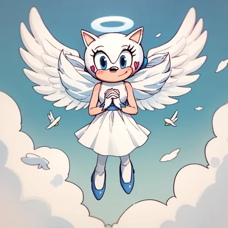 score_9, score_8_up, score_7_up BREAK Angelchu, 1girl, angel hedgehog, light blue eyes, white body, pink heart blush, angel wings, gold angel halo, light blue mary jane shoes, smiling at viewer, heaven background, heaven, full body, floating, flying,