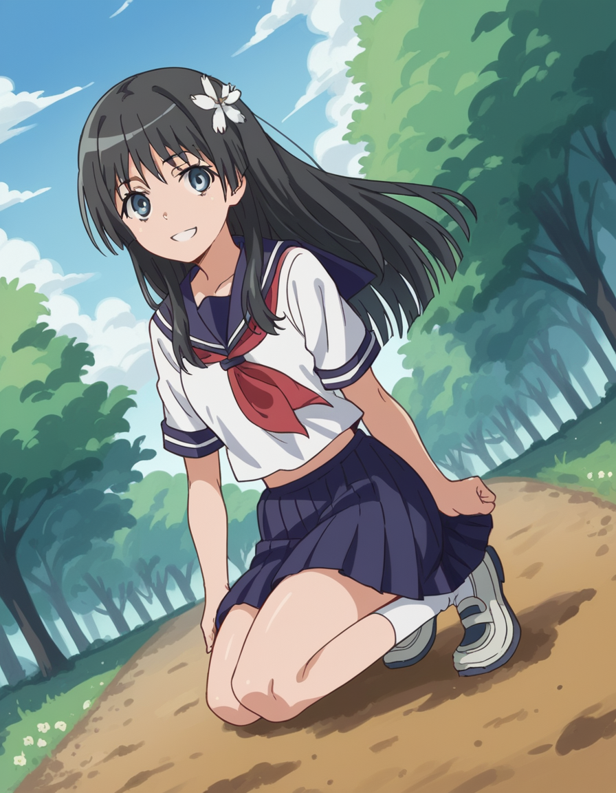 score_9, score_8_up, score_7_up, source_anime, <lora:saten-ruiko-s3-ponyxl-lora-nochekaiser:1>, saten ruiko, black hair, blue eyes, long hair, hair ornament, flower ornament,, blue skirt, pleated skirt, sakugawa school uniform, school uniform, serafuku, skirt, summer uniform,, bike ride, countryside, dirt road, trees, afternoon sun, peaceful, alone, smile, looking at viewer, knee bent, arm across chest, foot on ground, solo,, cowboy shot, dutch angle