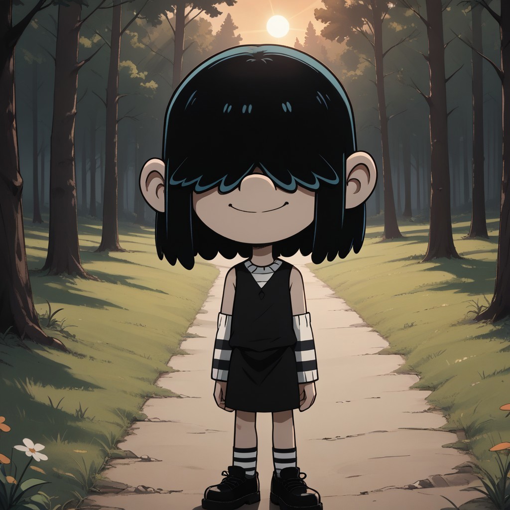 score_9, score_8, BREAK, solo, Lucy_Loud_(The_Loud_House), black hair, goth girl, hair over eyes, pale skin, long striped arm sleeves and stockings, black dress worn over a striped shirt, black shoes, self portrait, smile, looking at viewer, outdoors, sunlight, shadows, evening lighting, natural lighting, forest, trees, grass, orange sky, sunset