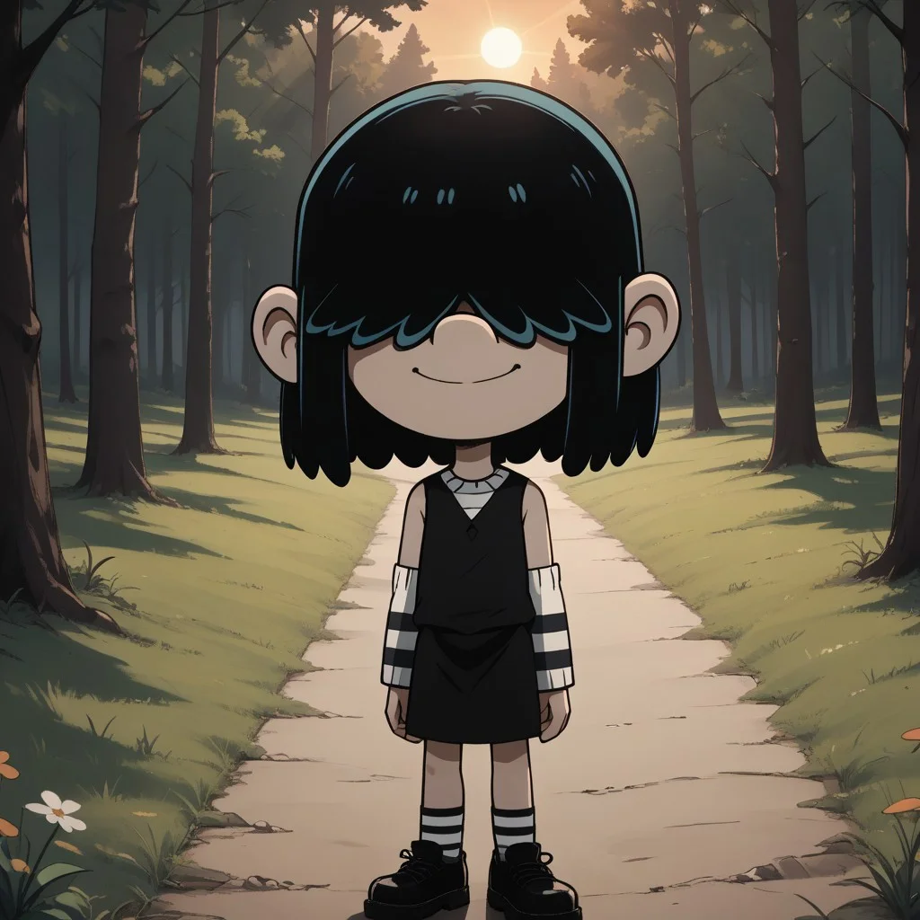score_9, score_8, BREAK, solo, Lucy_Loud_(The_Loud_House), black hair, goth girl, hair over eyes, pale skin, long striped arm sleeves and stockings, black dress worn over a striped shirt, black shoes, self portrait, smile, looking at viewer, outdoors, sunlight, shadows, evening lighting, natural lighting, forest, trees, grass, orange sky, sunset