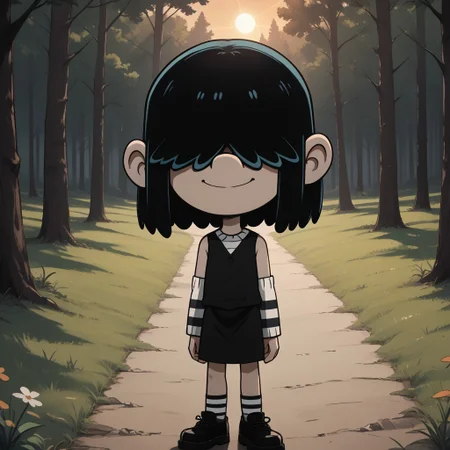 score_9, score_8, BREAK, solo, Lucy_Loud_(The_Loud_House), black hair, goth girl, hair over eyes, pale skin, long striped arm sleeves and stockings, black dress worn over a striped shirt, black shoes, self portrait, smile, looking at viewer, outdoors, sunlight, shadows, evening lighting, natural lighting, forest, trees, grass, orange sky, sunset