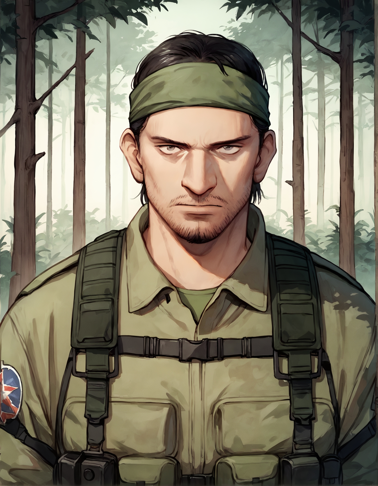 score_9, score_8_up, score_7_up,score_6_up,high resolution,upper body,solid snake,metal gear solid,1boy,male focus,black hair,mullet,facial hair,tactical camouflage suite,forest,green bandana,militar