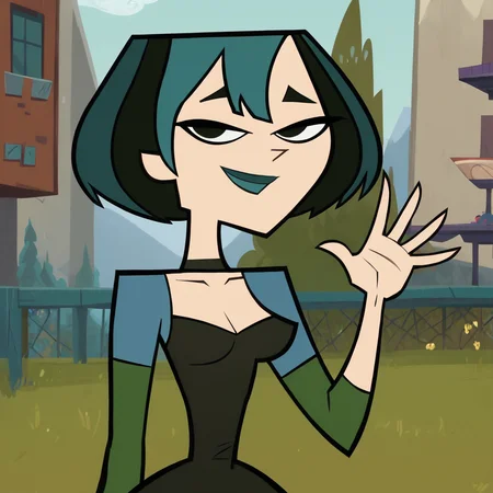 score_9, score_8_up, score_7_up, 1girl, Gwen, short hair, multicolored hair, black hair, green hair, black eyes, lipstick, small breasts, narrow waist, wide hips, looking at viewer, smile, waving, highres, high quality, masterpiece, <lora:GwenTDI:0.9>