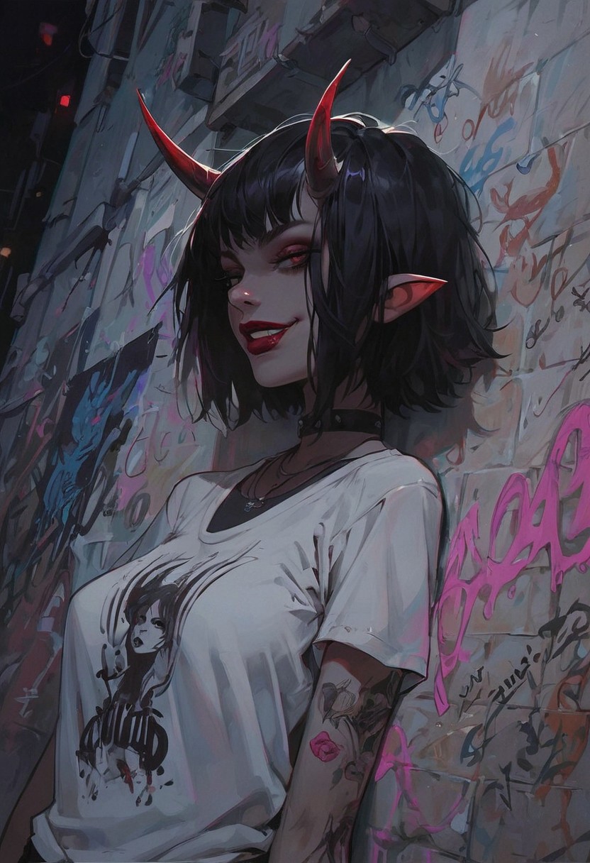 score_9, score_8_up, score_7_up, score_6_up, aesthetic ,  punk, demon, horns,  outdoors, alley, night, graffiti, t-shirt,  solo,  dutch angle,  g0thicPXL,  (big lips:0.6), (close up:1.2), portrait, medium breasts, lipstick, smug, grin, skinny