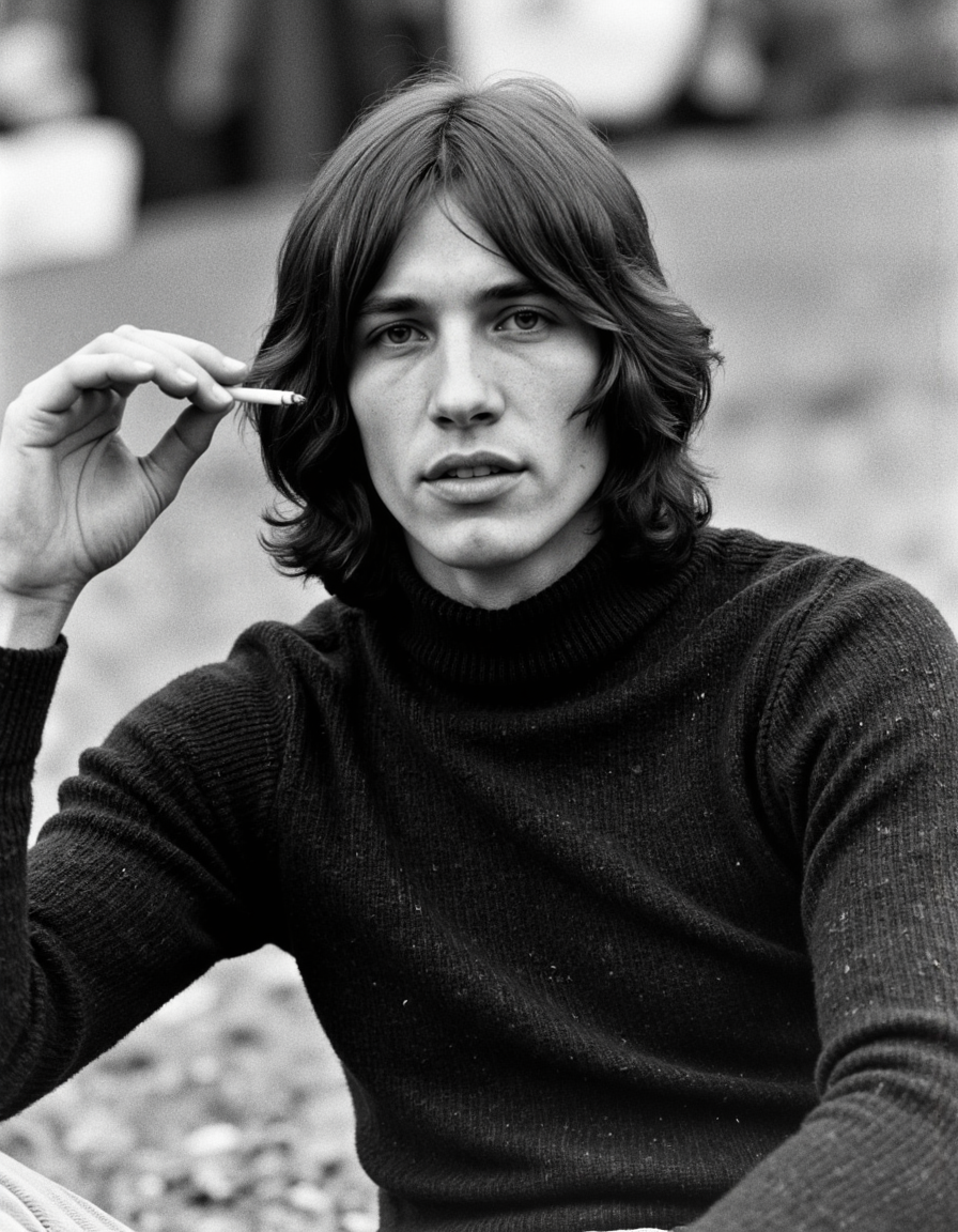 <lora:rogerwaters:1>, This black-and-white photograph captures a young man with shoulder-length, wavy hair sitting outdoors. He is positioned slightly to the left of the frame, looking directly at the camera with a contemplative expression. He holds a lit cigarette in his right hand, which is partially obscured by his hand and arm resting on his lap. The man is dressed in a high-necked, dark-colored sweater that appears to be made of a thick, textured fabric, suggesting warmth. His attire also includes light-colored pants or possibly a light jacket, which are visible at the bottom of the image. The background is slightly blurred, indicating an outdoor setting with indistinct, out-of-focus objects, possibly trees or other people. The texture of the photograph is grainy, typical of older film photography, which adds to the nostalgic and candid feel of the image. The overall mood is introspective and relaxed, with the man's pose and expression conveying a sense of calm and thoughtfulness. The photograph captures a moment in time, frozen in a timeless, monochromatic style that emphasizes the subject's facial features and demeanor.