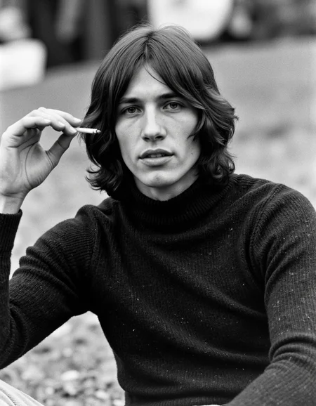 <lora:rogerwaters:1>, This black-and-white photograph captures a young man with shoulder-length, wavy hair sitting outdoors. He is positioned slightly to the left of the frame, looking directly at the camera with a contemplative expression. He holds a lit cigarette in his right hand, which is partially obscured by his hand and arm resting on his lap. The man is dressed in a high-necked, dark-colored sweater that appears to be made of a thick, textured fabric, suggesting warmth. His attire also includes light-colored pants or possibly a light jacket, which are visible at the bottom of the image. The background is slightly blurred, indicating an outdoor setting with indistinct, out-of-focus objects, possibly trees or other people. The texture of the photograph is grainy, typical of older film photography, which adds to the nostalgic and candid feel of the image. The overall mood is introspective and relaxed, with the man's pose and expression conveying a sense of calm and thoughtfulness. The photograph captures a moment in time, frozen in a timeless, monochromatic style that emphasizes the subject's facial features and demeanor.