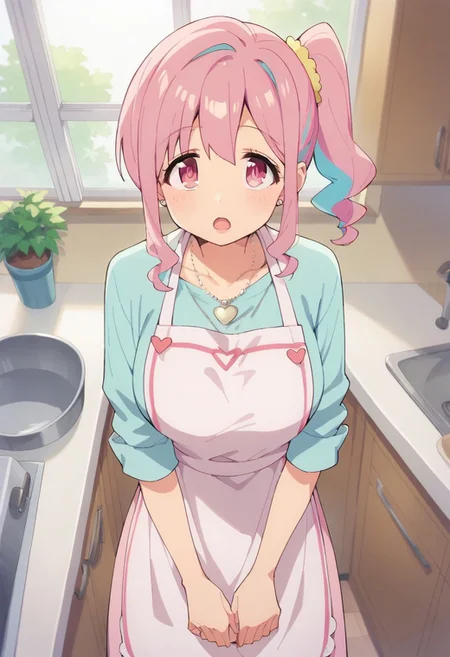 score_9, score_8_up, score_7_up, source_anime,hozuki kaede, pink hair, pink eyes, ponytail, 1girl, solo, apron, kitchen, necklace, jewelry, open mouth, sink, indoors, side ponytail, looking at viewer, heart necklace