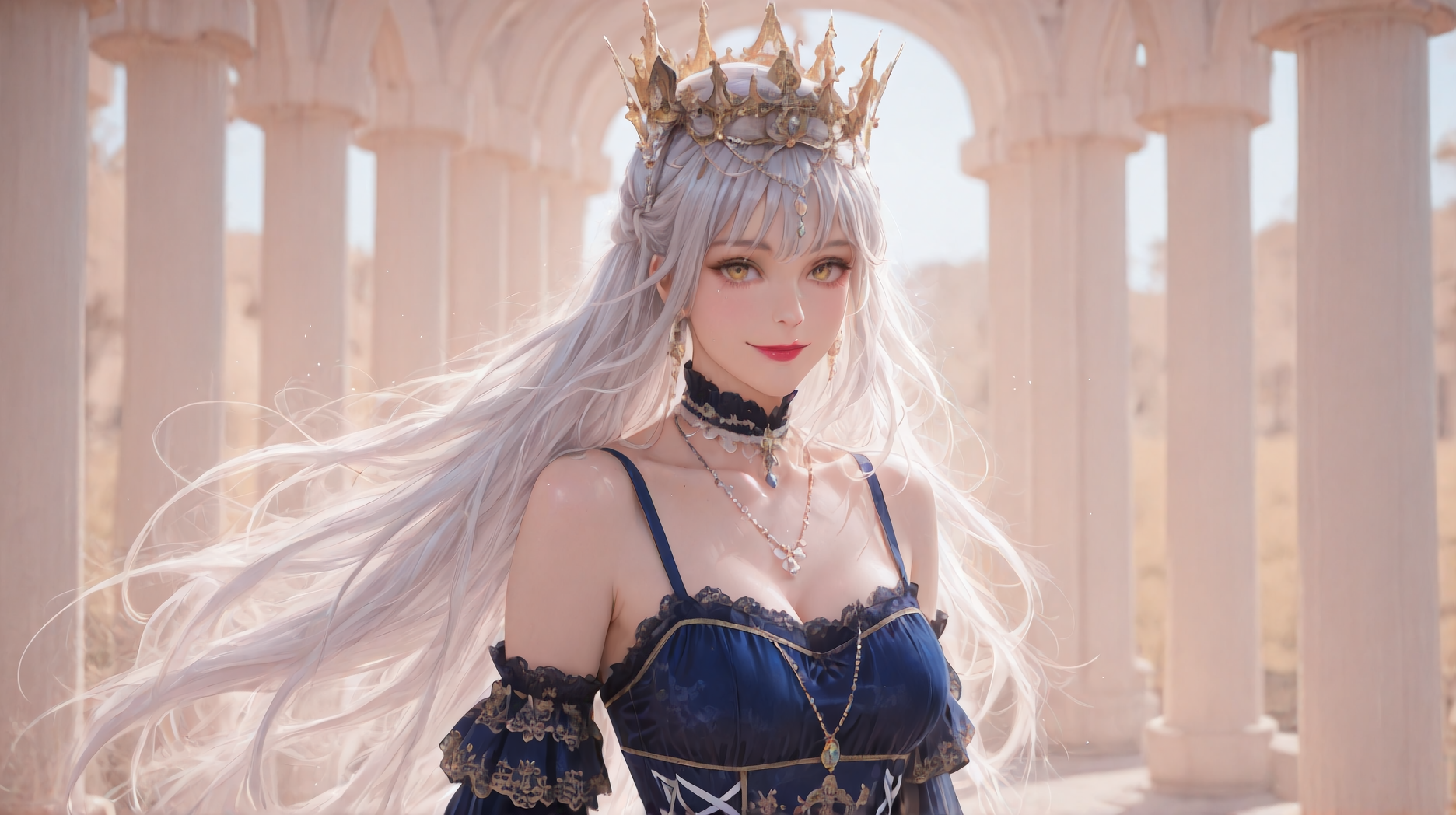 (masterpiece, best quality,realistic,extremely detailed eyes and face:1.3),absurdres,(looking at viewer,  collarbone,),(shiny_eyes,sparkling_eyes,smile:1.3),
1girl,solo,silver hair,yellow eyes,very long hair,cxzg,dress,cyan dress,tiara,detached sleeves,jewelry,necklace,frills,lace,cross-laced clothes,crown,lipstick,
cleavage,medium breasts,bouncing breasts,outdoors,<lora:aidmaImageUpgrader-v0.3-IL:0.6>,<lora:cxzg(IL):0.7>,