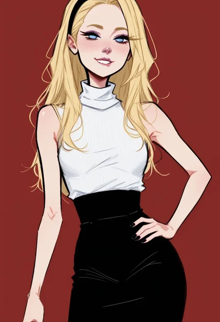 <lora:dijor-v2:1> dijor, sketched, score_9, score_8_up, score_7_up, source_photo, realistic, body shot,
1girl, solo, 21yo, polish beauty, very sexy, very cute, very delicate,
expresiveh, flirtatious look, perfect face, smile,
light blue eyes, very tan skin, purple nose, a blush of shame on his cheeks, goth make up, lip biting, she is looking in the upper left,
high forehead, blonde, gold eyebrows, long hair, straight hair, middle parting haircut, headband,
slender figure, long neck, long legs, small breast,
white turtleneck sleeveless shirt, black skirt, black pantyhose,
threads his hair on his finger, left hand on hip,
cinematic lighting,
mountain hut, red walls