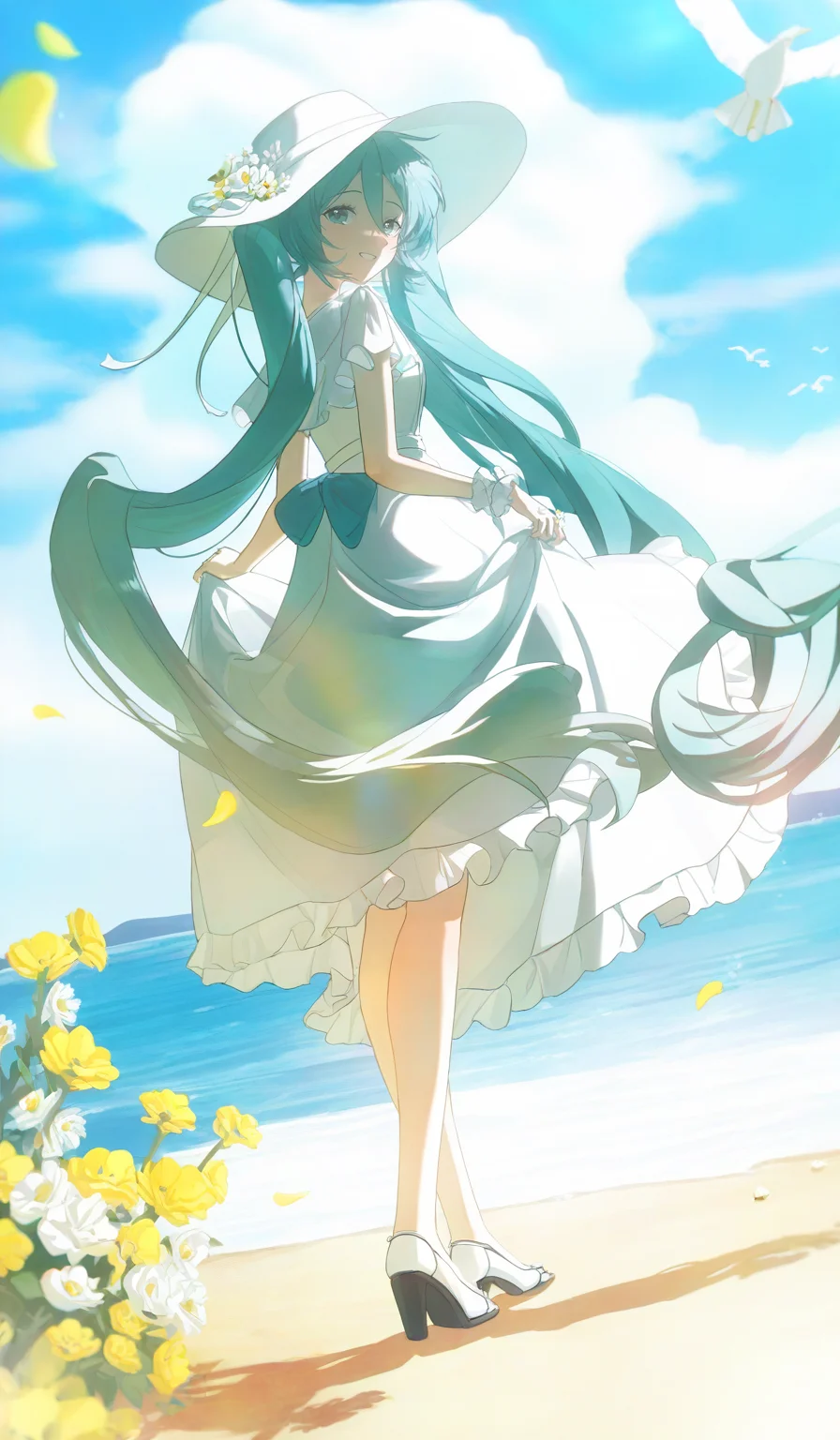 <lora:konya666 (5):1>,highres,absurdres,newest,very awa,masterpiece,best quality,year 2024,
\,
SenSen,1girl,hatsune miku,long hair,solo,outdoors,dress,bird,high heels,sky,aqua hair,very long hair,white headwear,flower,ocean,white dress,looking back,cloud,day,twintails,beach,looking at viewer,blue sky,aqua eyes,full body,standing,hat,smile,floating hair,white bird,frills,seagull,sunlight,frilled dress,bow,hair between eyes,skirt hold,horizon,short sleeves,sand,water,from behind,white flower,back bow,shadow,sun hat,cloudy sky,yellow flower,