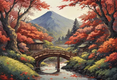 Score_9_up, score_8_up, masterpiece, A wooden relief carving of a beautiful japanese garden, extremely detailed and intricate, A simple bridge runs over a flowing stream, surrounded by tall ornamental grasses and japanese maple trees, an imposing mountain an be seen in the background