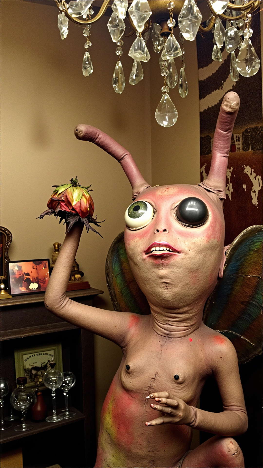 badtxdrmy, bad taxidermy,A photo of a bad taxidermi nymph with bulging, bloodshot eyes and its iridescent wings awkwardly splayed at odd angles, propped against a faded, peeling wallpaper in a dimly lit, dusty antique shop. The nymph's skin is a misshapen blend of pink and grey, with stitching visible along its neck and torso, and its outstretched hands appear to be gripping a wilted, artificial flower. A chandelier with broken crystals hangs precariously above it, casting uneven, eerie shadows across the scene.<lora:BadTaxidermiFlux:1>