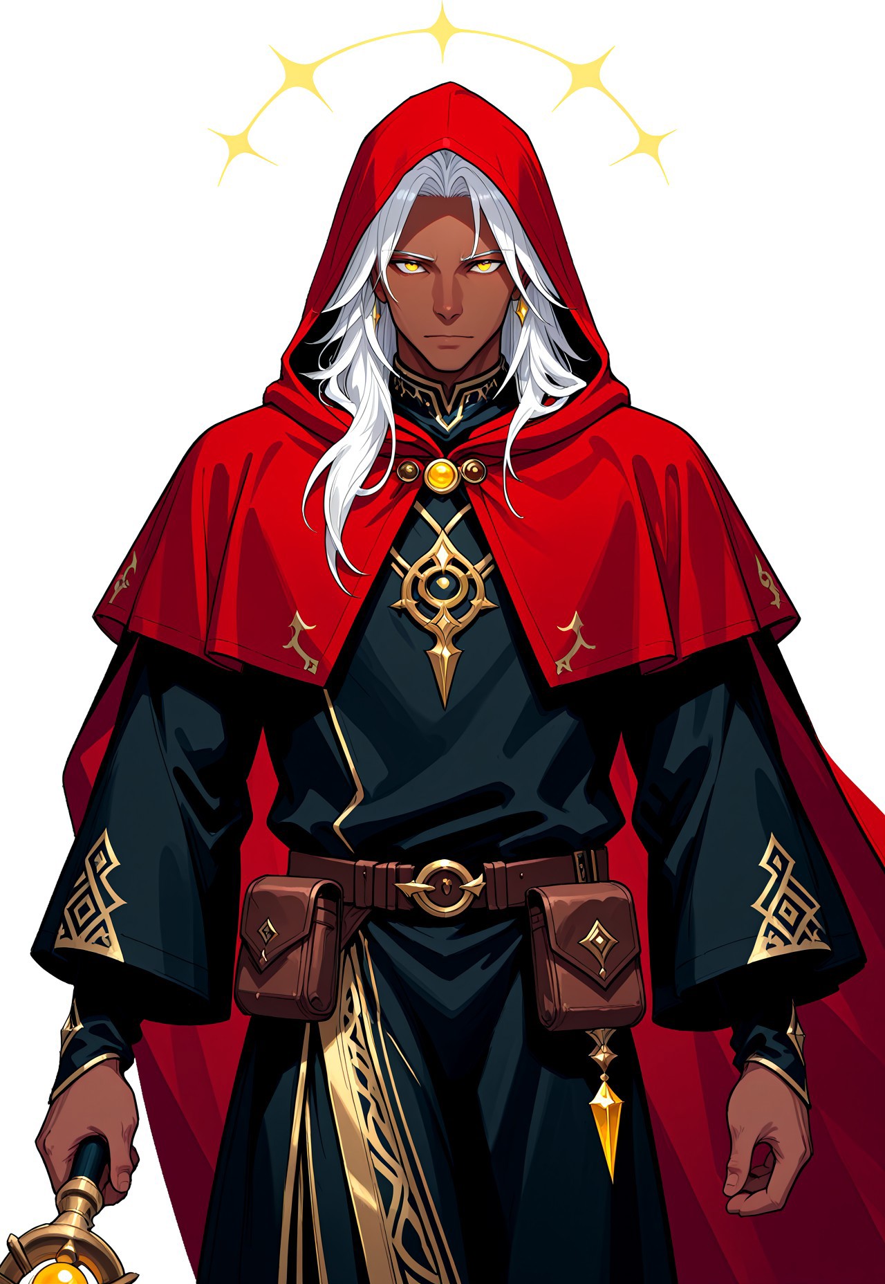 masterpiece, very aesthetic, absurdres, best quality, animated nightmare style, 1boy, male focus, white hair, solo, hood, staff, holding, long hair, yellow eyes, pouch, holding staff, white background, simple background, belt, looking at viewer, robe, cloak, long sleeves, closed mouth, dark-skinned male, hood up, belt pouch, standing, jewelry, dark skin, red cape