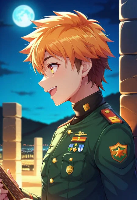 masterpiece, best quality, intricate details, , , depth of field, 1boy, solo, male focus, <lora:hiro_akiba_ilxl:0.98>, hiro_akiba, orange hair, orange eyes, short hair, uniform, profile, stonehenge, night, full moon, holding instrument, :D, turtleneck,