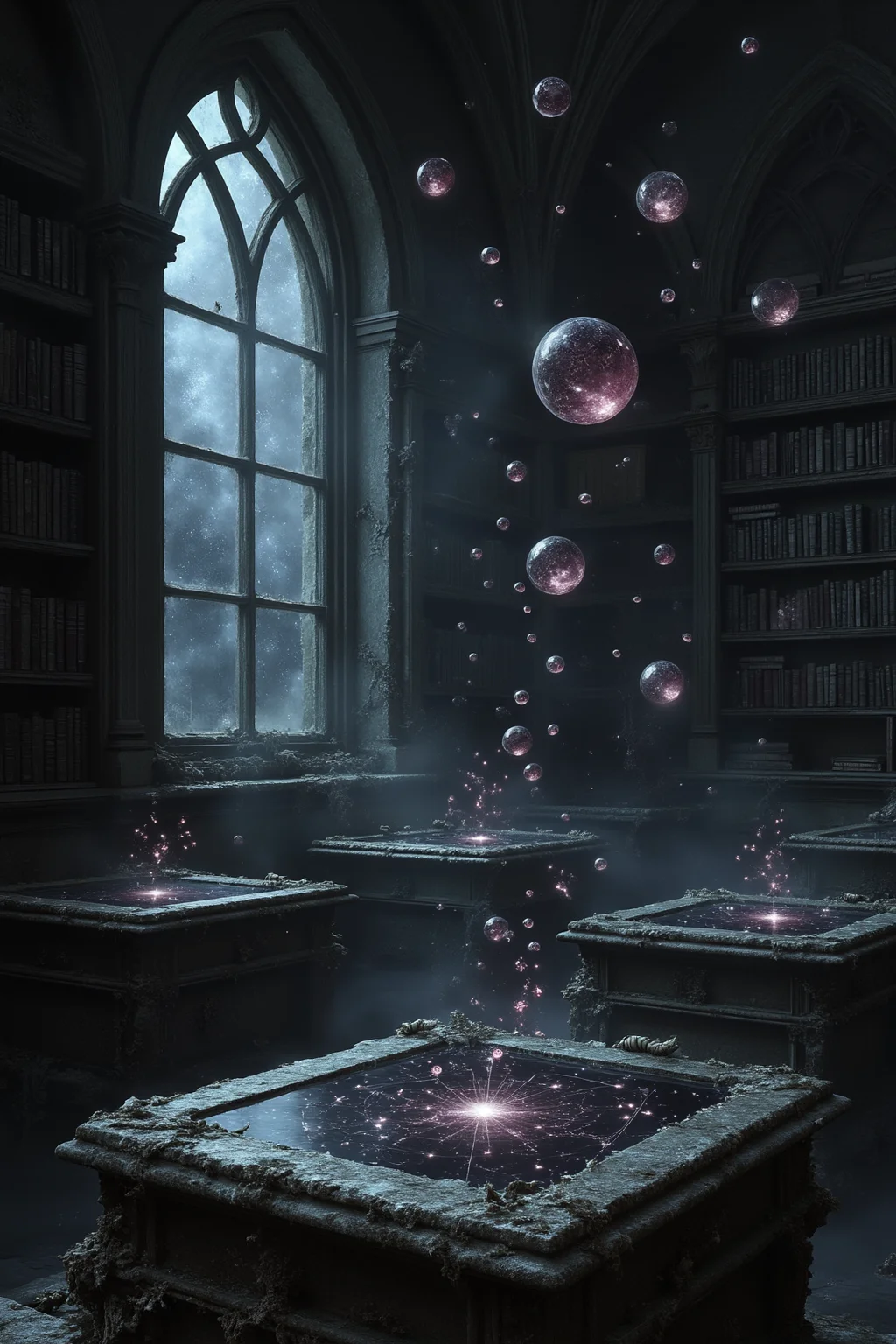 fg, Tilted stone desks in the foreground display floating ink droplets forming decaying equations. Midground reveals arched windows filtering blood-moon light onto fossilized star charts. Background dissolves into pure obsidian void, broken only by distant comet trails mirroring the ink patterns. Bioluminescent bookworms crawl through cracks in weathered mahogany shelves